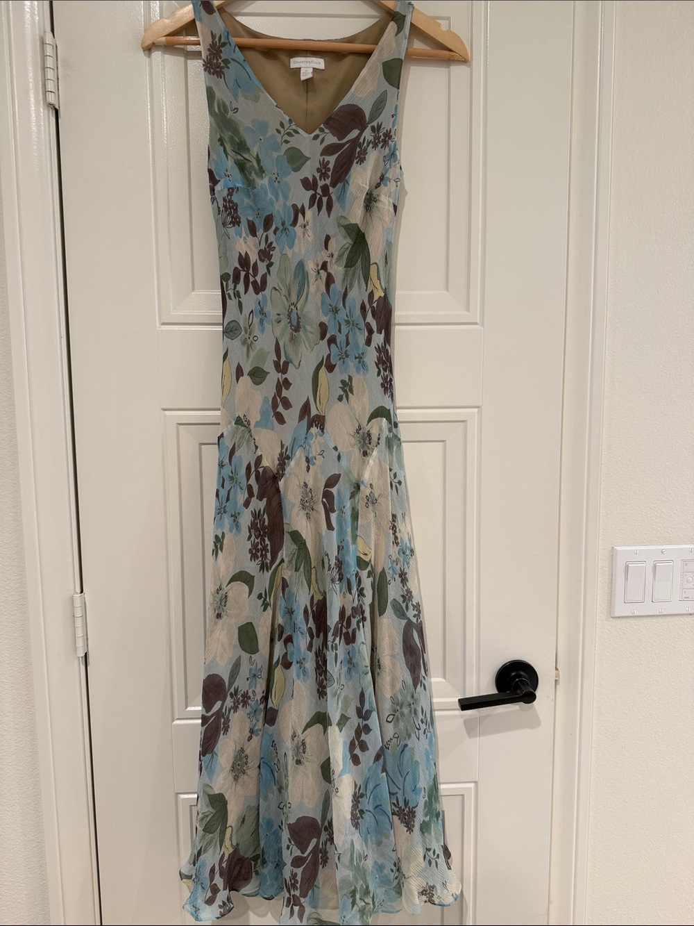 Charter Club Floral V-Neck Maxi Dress in Blue and Cream with Green Leaves